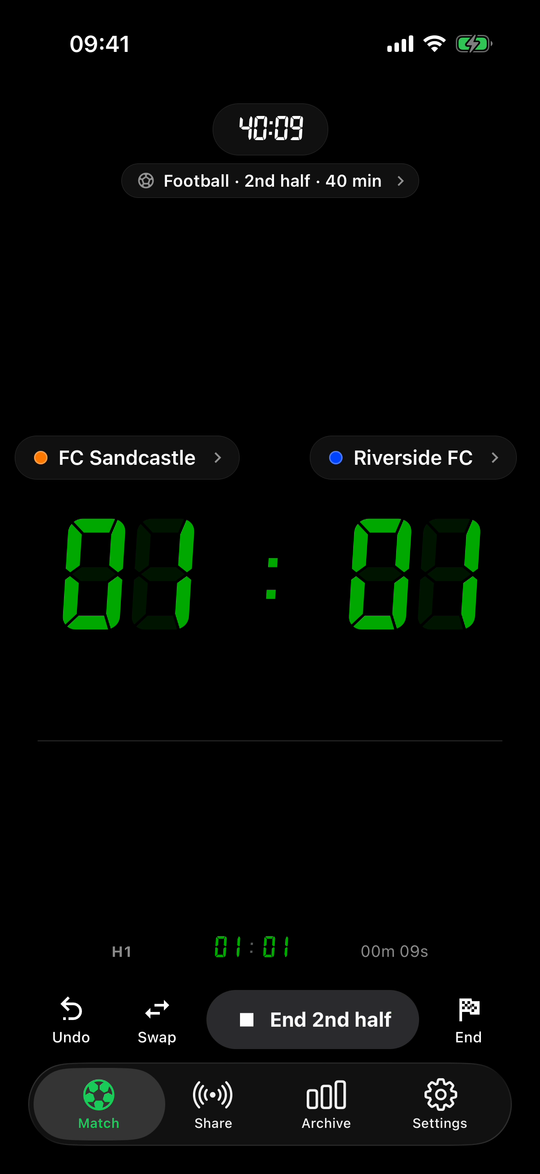 Skorby football board in the second half: clock at 40:09, score 1:1, first-half line below