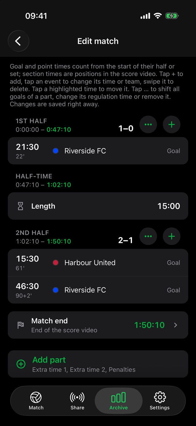 Skorby's Edit match screen: first half with a goal at 21:30, a 15:00 half-time, second half with two goals, and the match end at 1:50:10