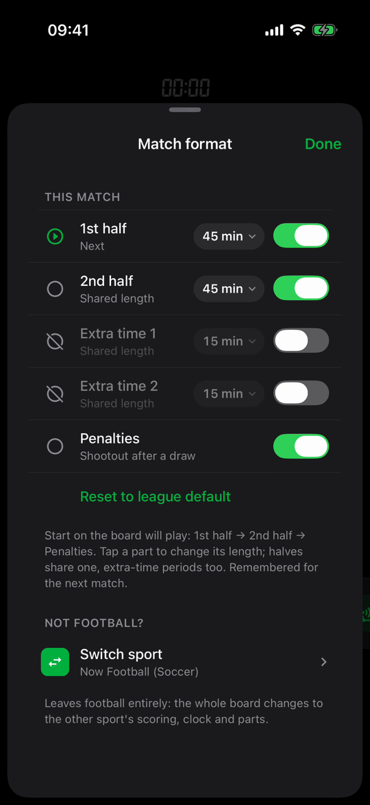 Skorby Match format sheet: 1st half and 2nd half on at 45 minutes, extra time off, penalties on