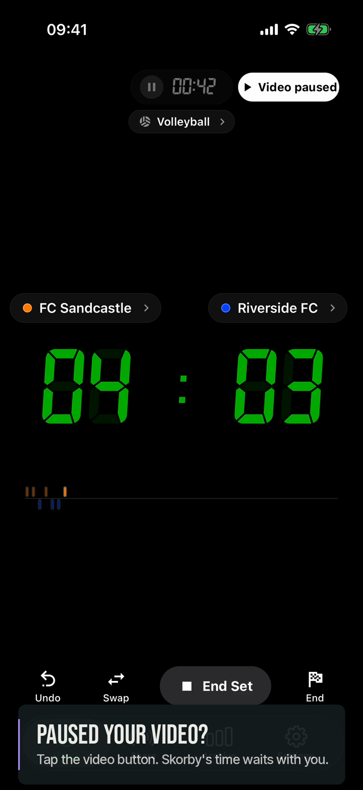 Skorby app scoring a match from a recording at 3×