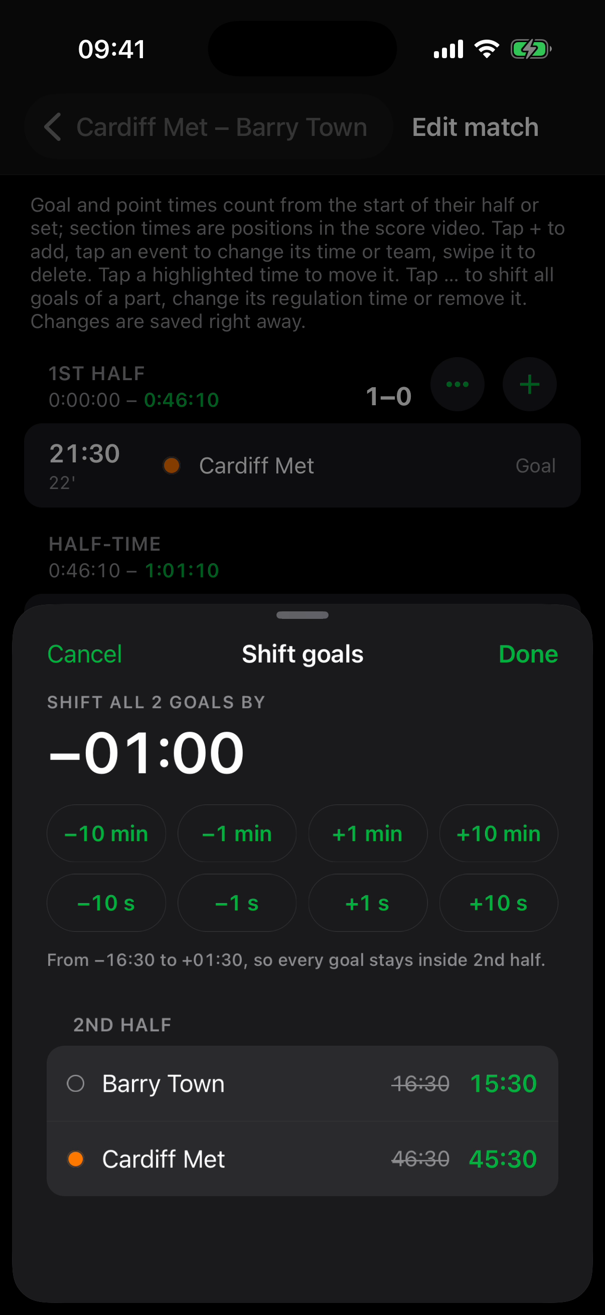 Skorby's Shift goals sheet over the match editor: all goals of the 2nd half shifted by −01:00, each goal listed with its old and new time