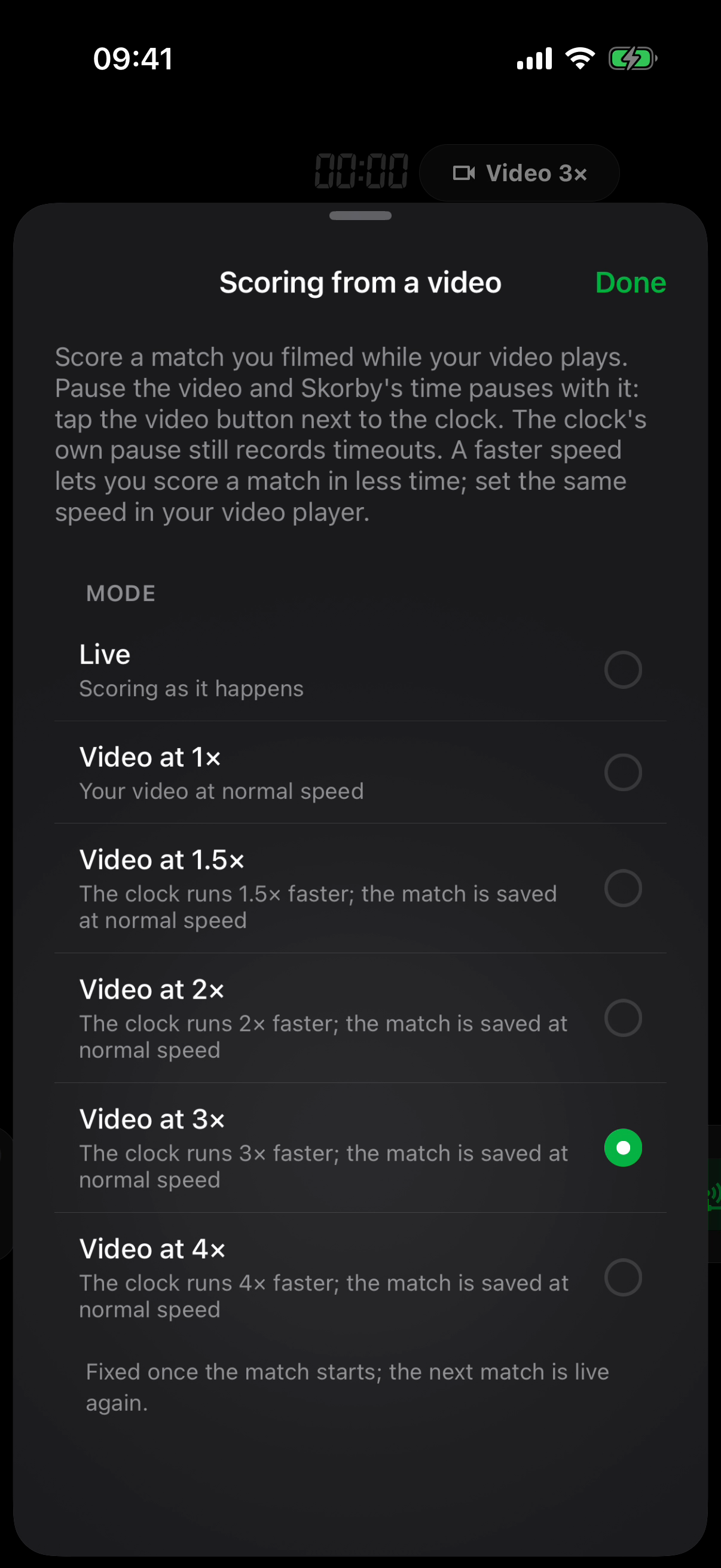 Skorby's Scoring from a video sheet: a list of modes — Live, Video at 1×, 1.5×, 2×, 3× and 4× — with Video at 3× selected, and the Video 3× control already beside the clock on the board behind