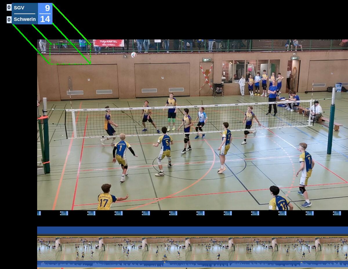 Recorded match footage with a transparent Skorby score overlay composited on top in the editor