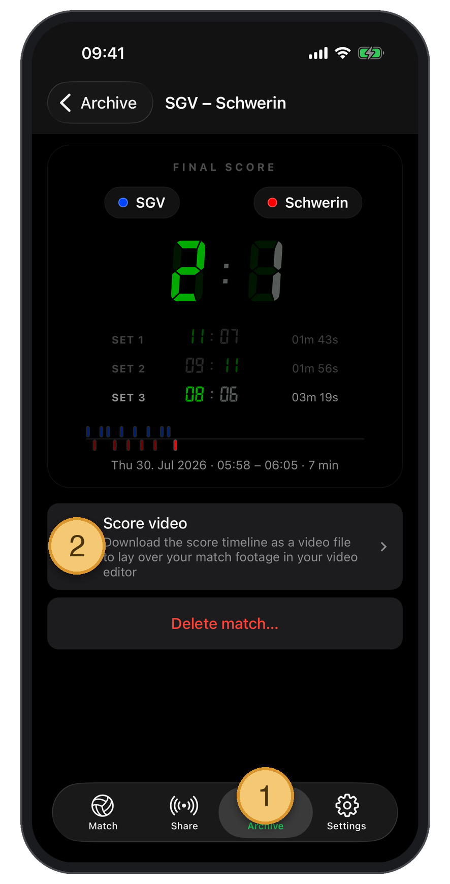 A match in Skorby's Archive with the Score video export row