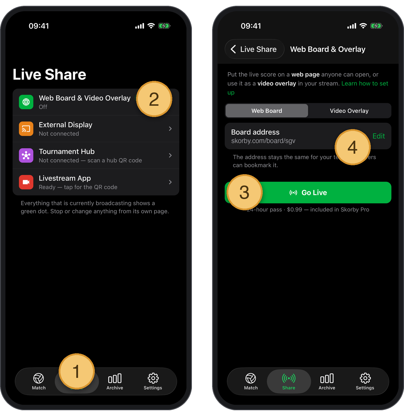 Skorby Share tab and the Web Board & Overlay screen with the Go Live button